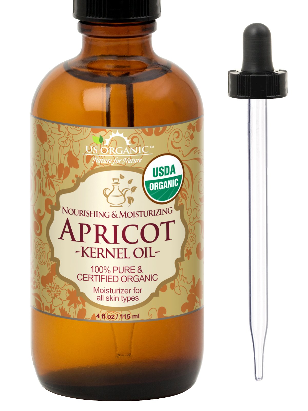 US Organic Apricot Kernel Oil bottle with glass eyedropper for precise application.