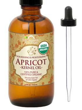 US Organic Apricot Kernel Oil bottle with glass eyedropper for precise application.