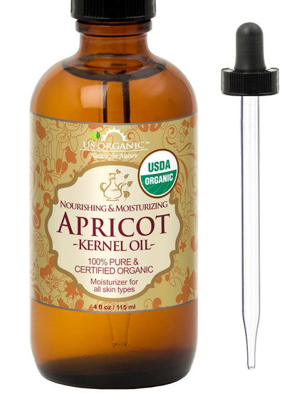 US Organic Apricot Kernel Oil bottle with glass eyedropper for precise application.