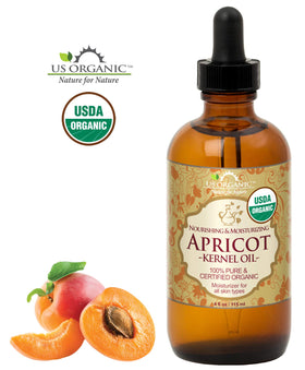 US Organic Apricot Kernel Oil label shows USDA Organic certification.