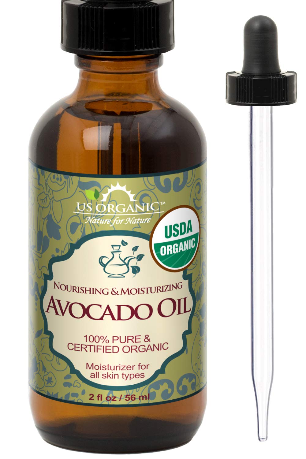 US Organic Avocado Oil bottle in amber glass for easy skin hydration