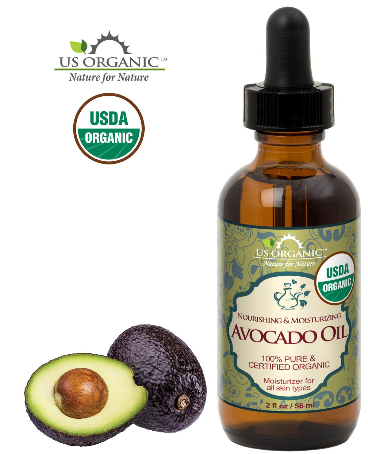US Organic Avocado Oil dark-green unrefined oil shown close-up for natural moisture