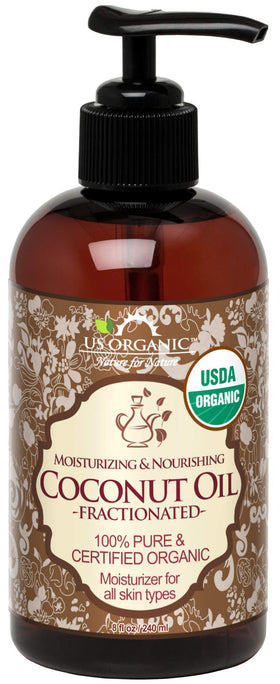US Organic fractionated coconut oil bottle showing clear, lightweight formula for smooth skin