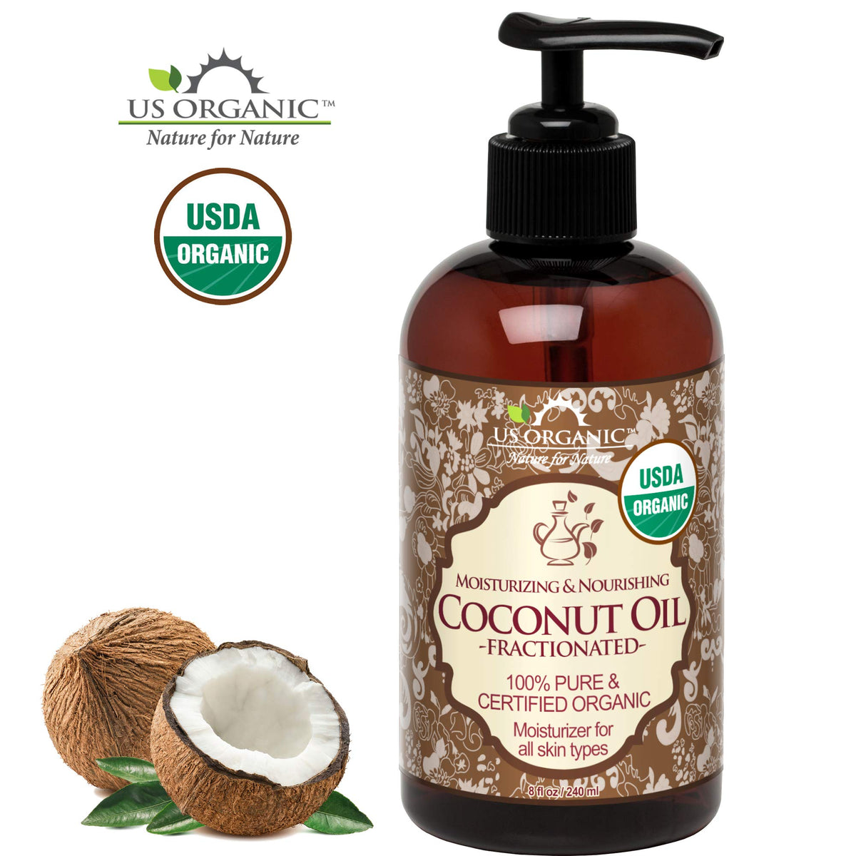 US Organic fractionated coconut oil label close-up highlighting USDA Organic status