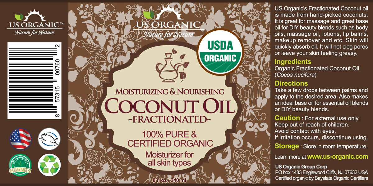 US Organic fractionated coconut oil pour demonstrates easy, clean dispensing