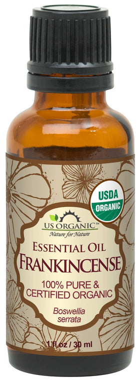 US Organic Frankincense Essential Oil bottle showing pure aroma for diffusers and blends