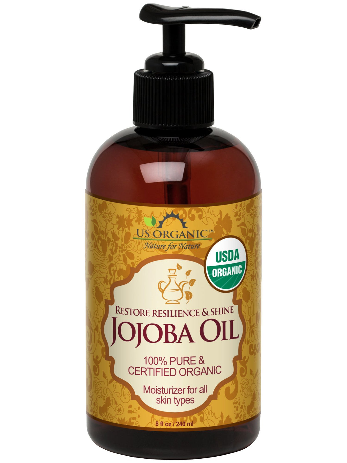 US Organic Jojoba Oil bottle — pure formula for nourishing dry skin and hair.
