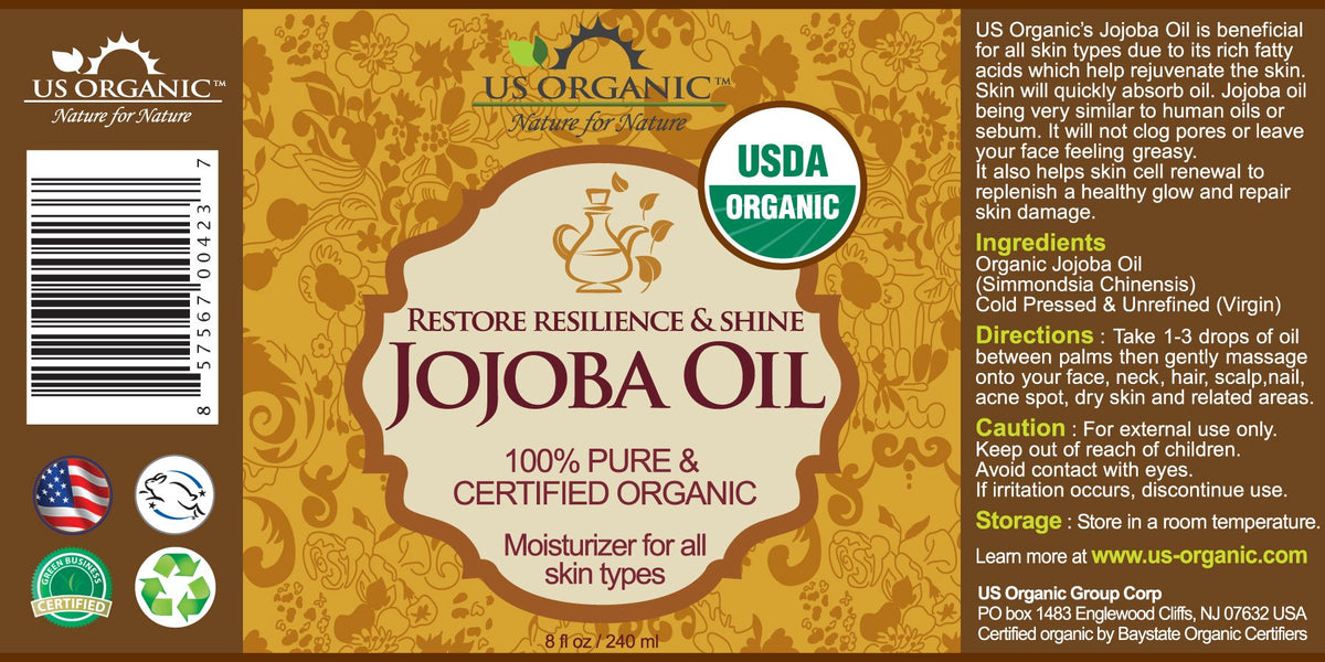 US Organic Jojoba Oil pump bottle — easy, mess-free application for facial oils.