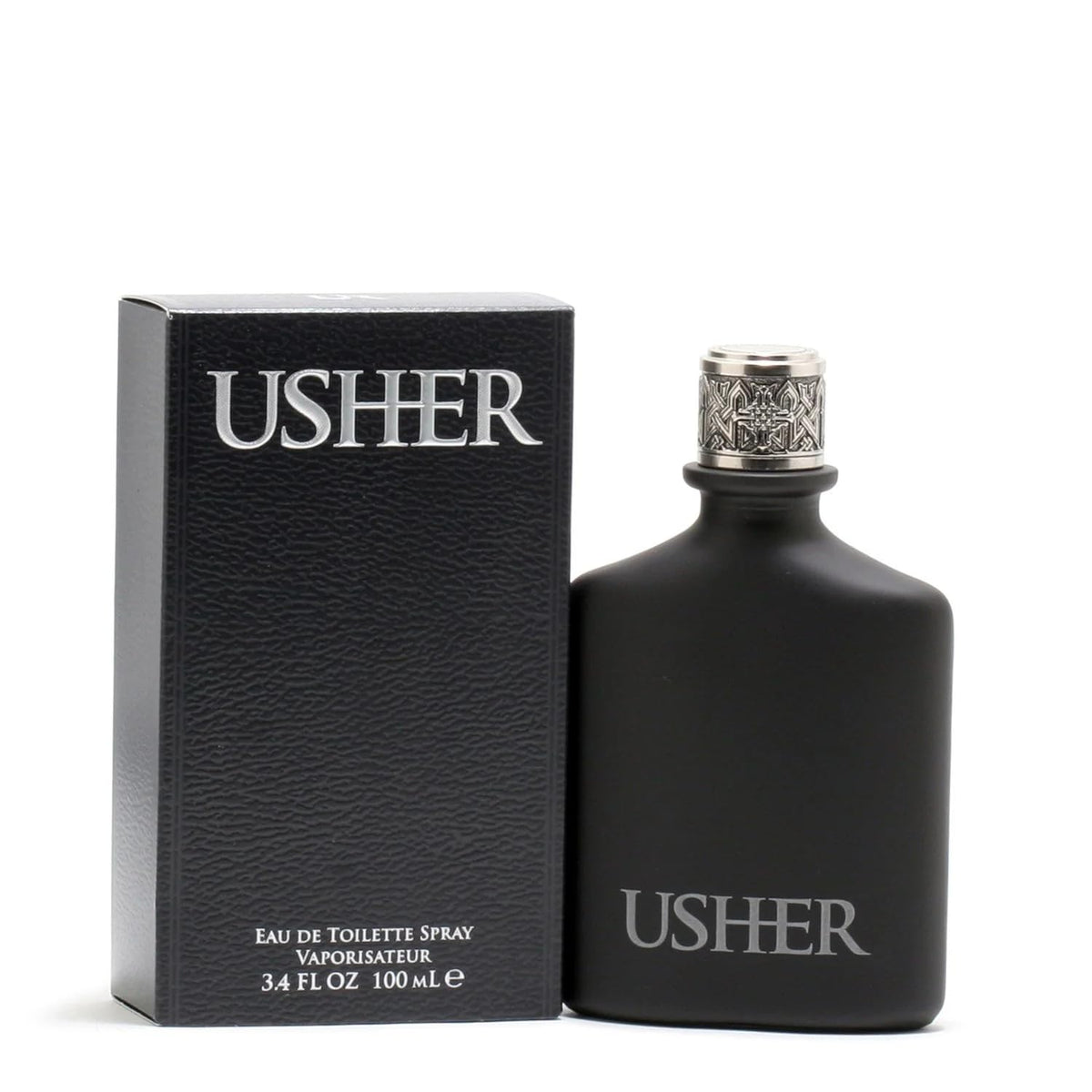 Usher Eau de Toilette bottle side view, revealing layered notes for versatile day and night wear.
