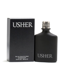 Usher Eau de Toilette bottle side view, revealing layered notes for versatile day and night wear.