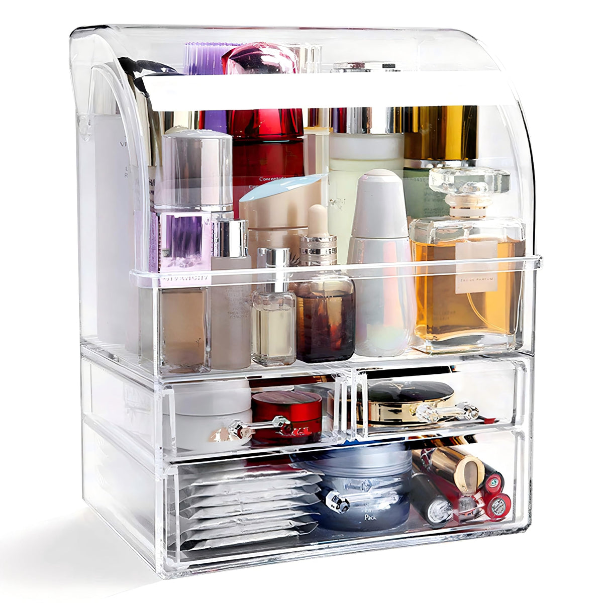 UShioart clear large acrylic makeup organizer with lid front view for easy access