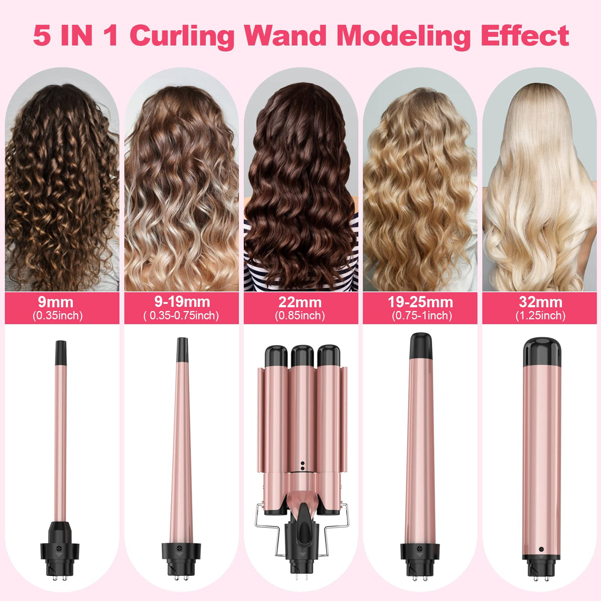 USHOW Curling Wand Set interchangeable barrels enable versatile styling.