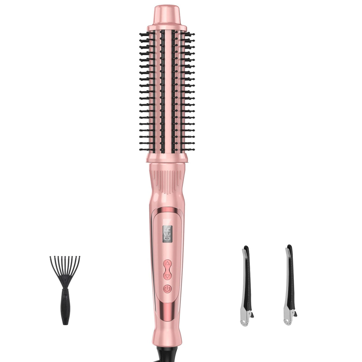 USHOW heated round brush with pink barrel for smooth curls and frizz control.