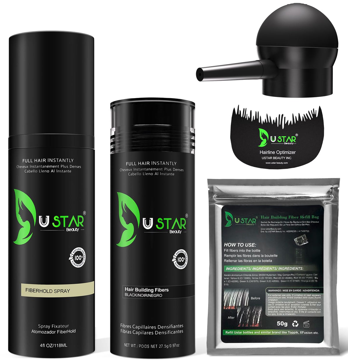 USTAR hair fibers bottle pour for quick density in thinning areas.