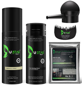 USTAR hair fibers bottle pour for quick density in thinning areas.
