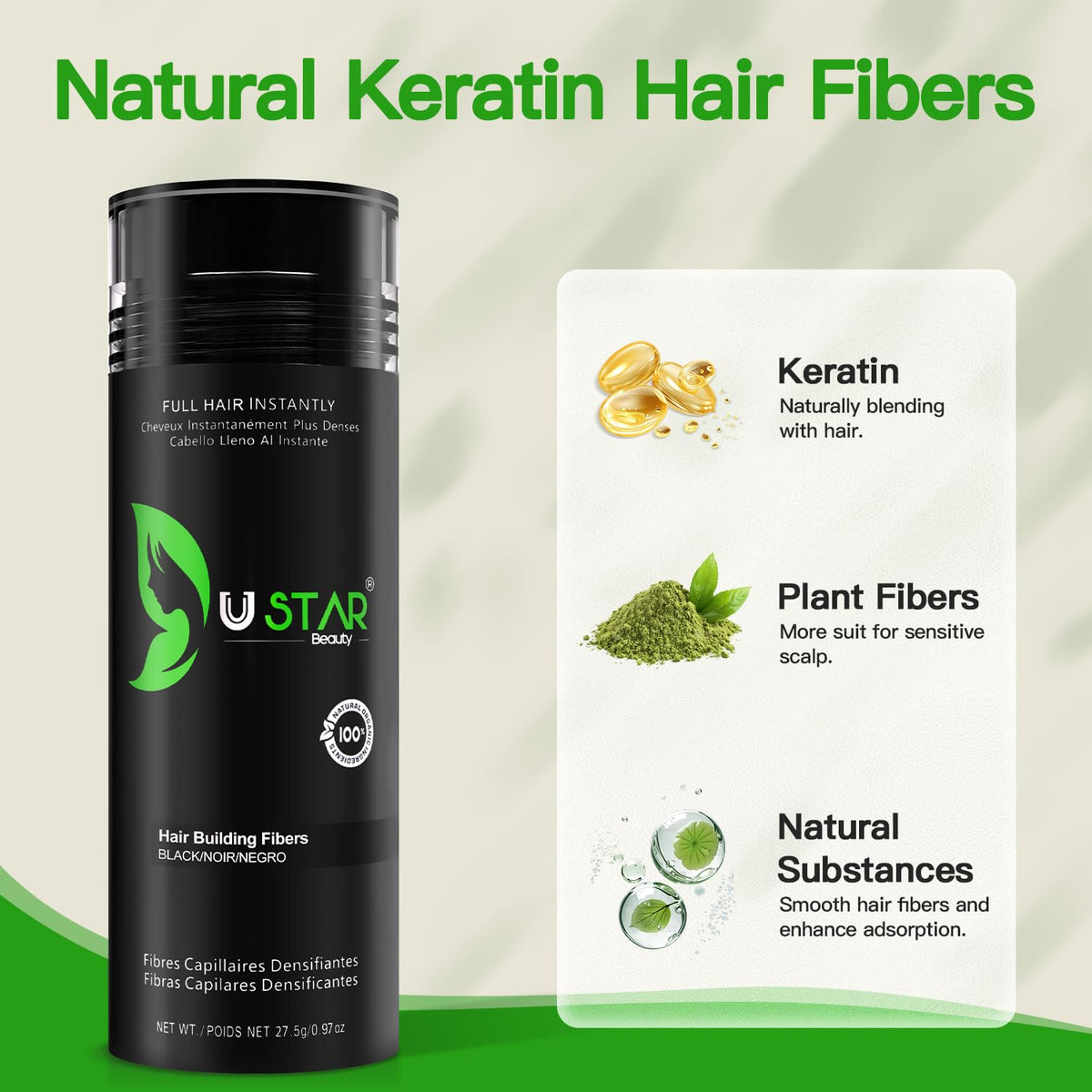 USTAR holding spray secures fibers all day without stiffness or clumps.