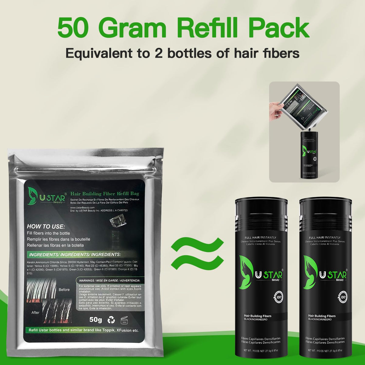 USTAR refill bag with keratin fibers for extended use.