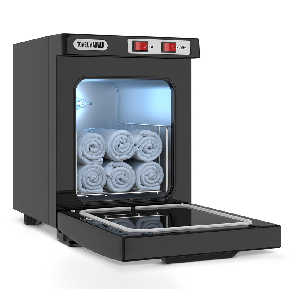 Utenzi Hot Towel Warmer in black, front view, ready for spa and salon use.