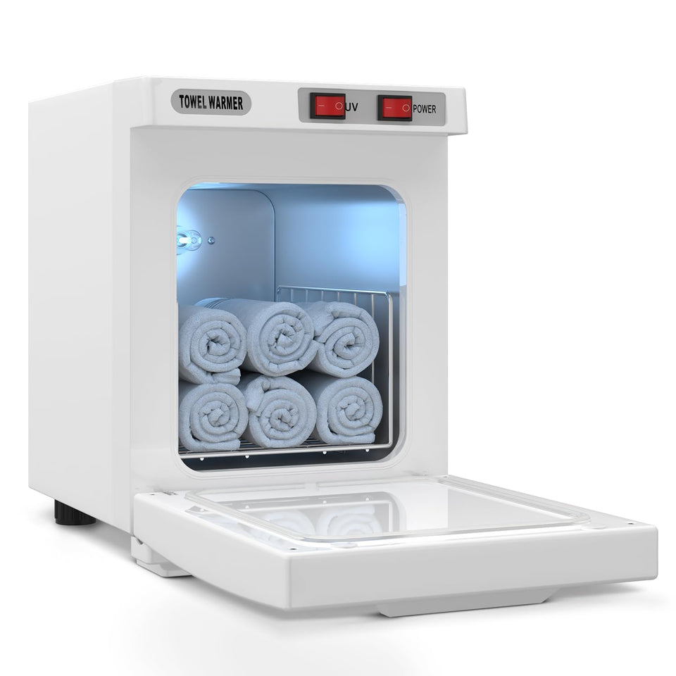 The Utenzi hot towel warmer front view, compact spa cabinet for quick towel warming.