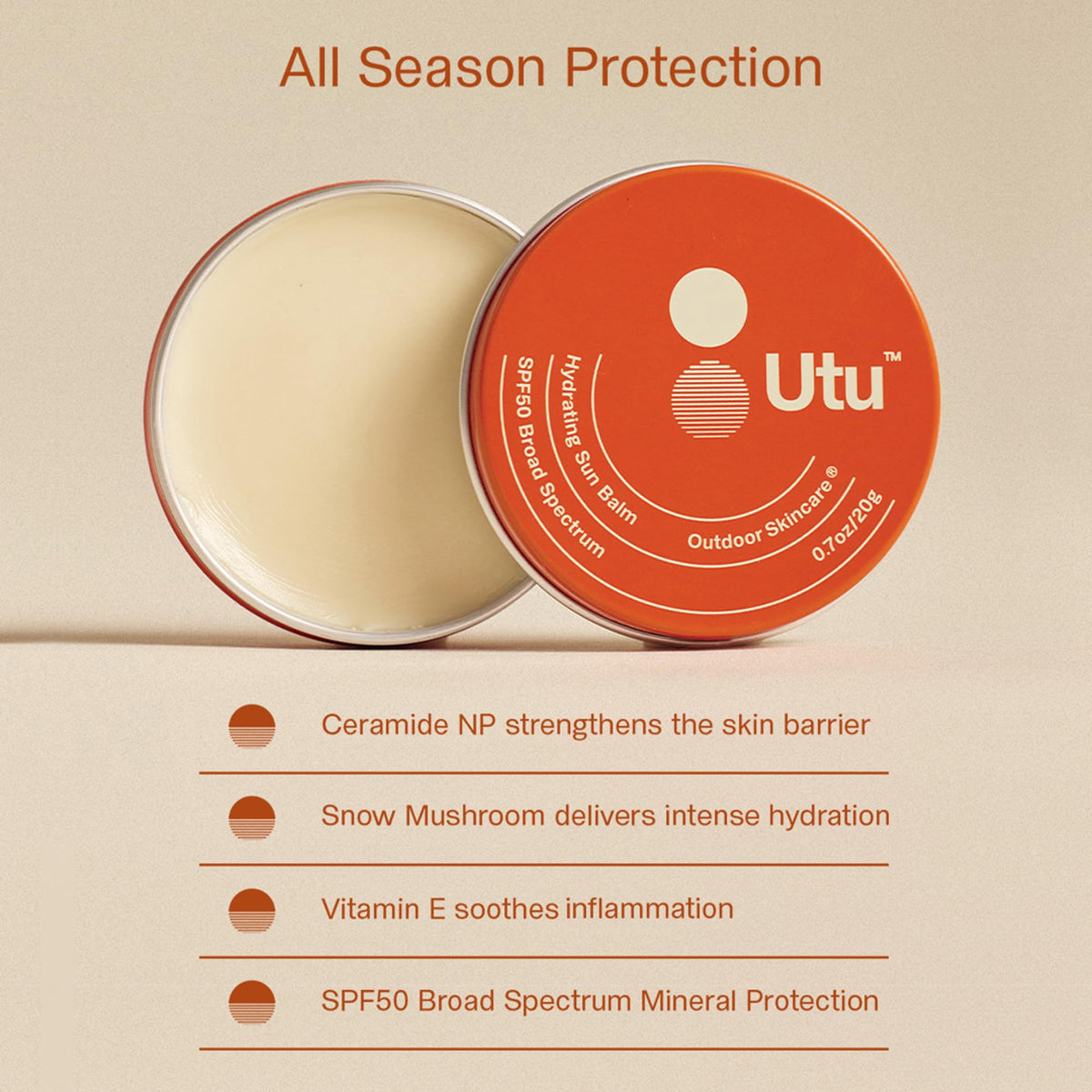 UTU vegan mineral SPF50 balm emphasizing Snow Mushroom and ceramide NP.