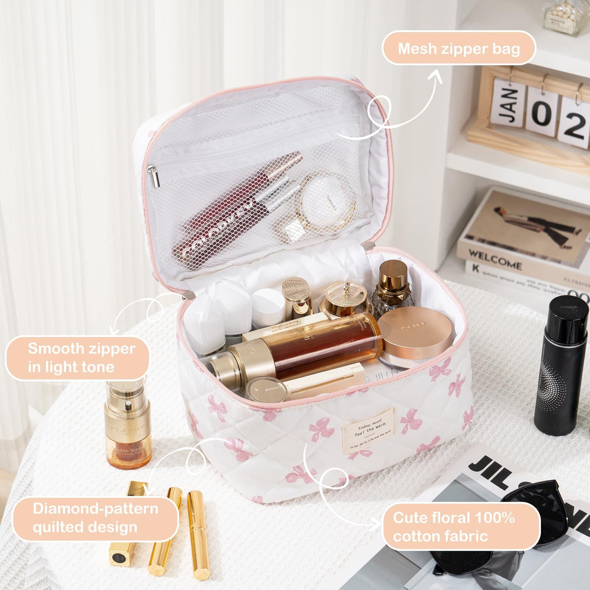UUYUUY quilted bow-pattern makeup bag adds style while keeping cosmetics neatly packed.