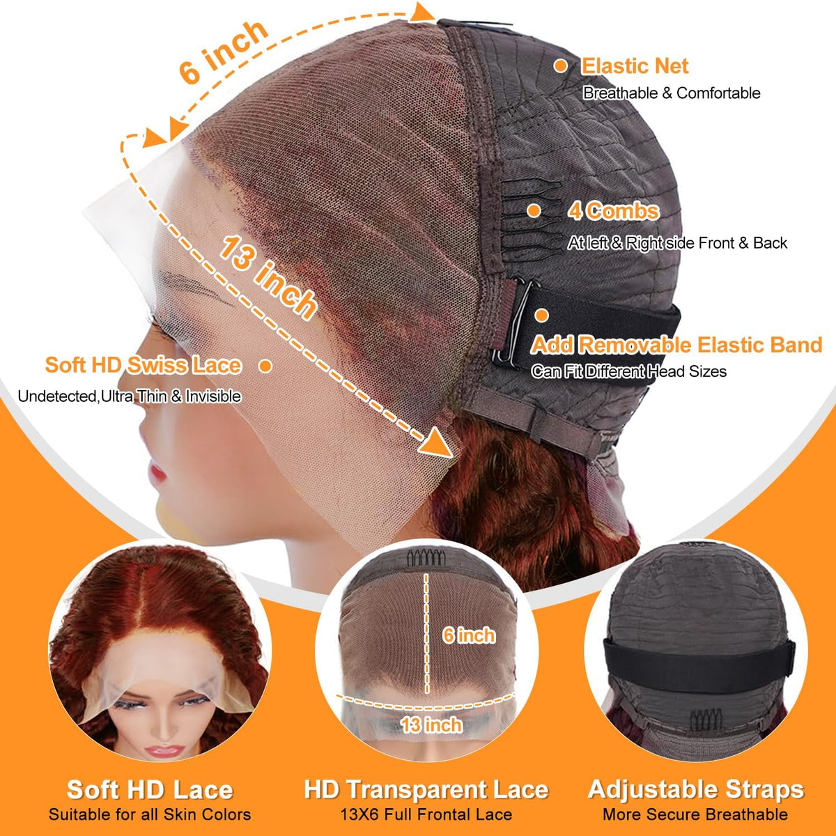 Uveous adjustable-cap lace front with straps and combs for secure fit.