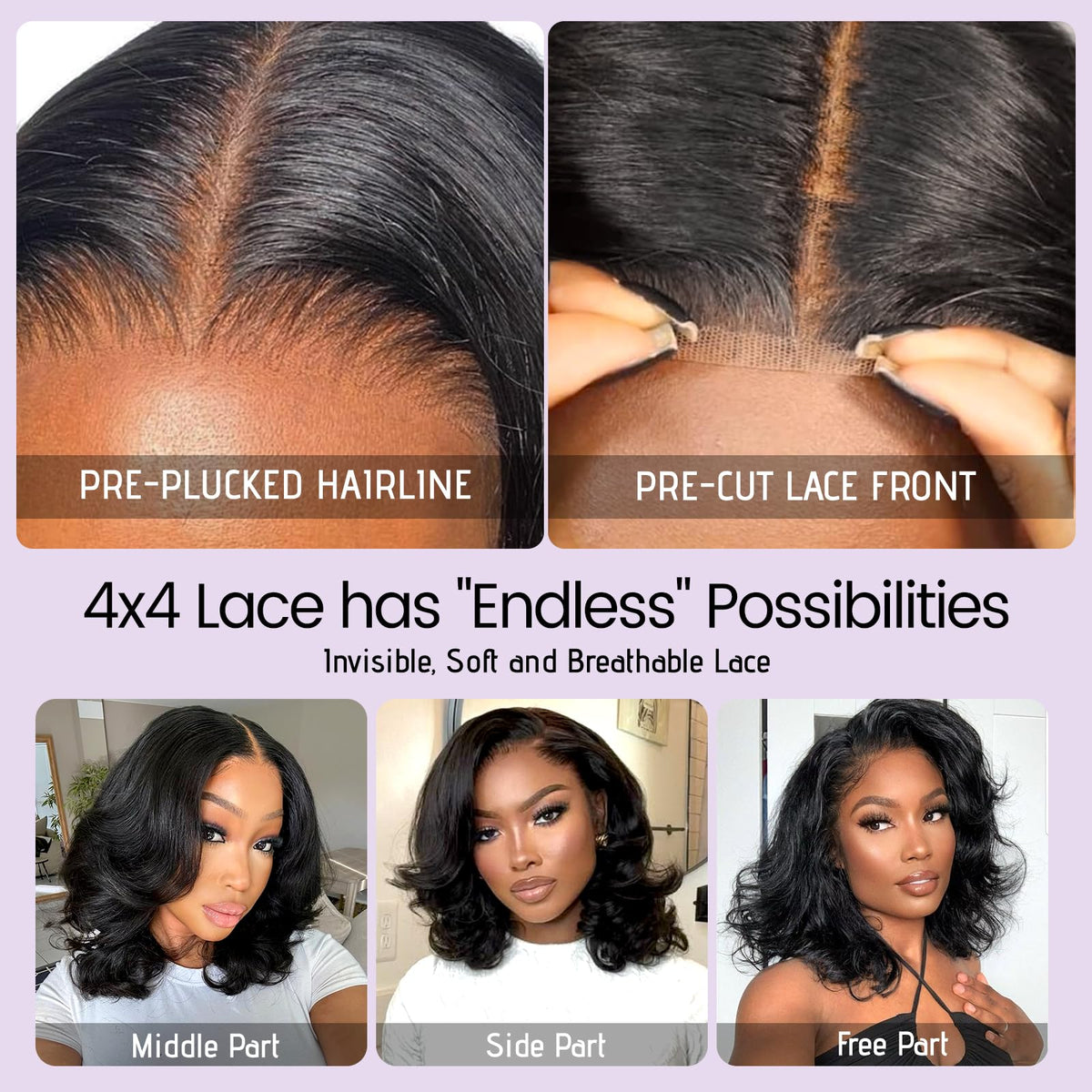 UVVUVV Bob Wig glueless 3-second install for quick wear changes.