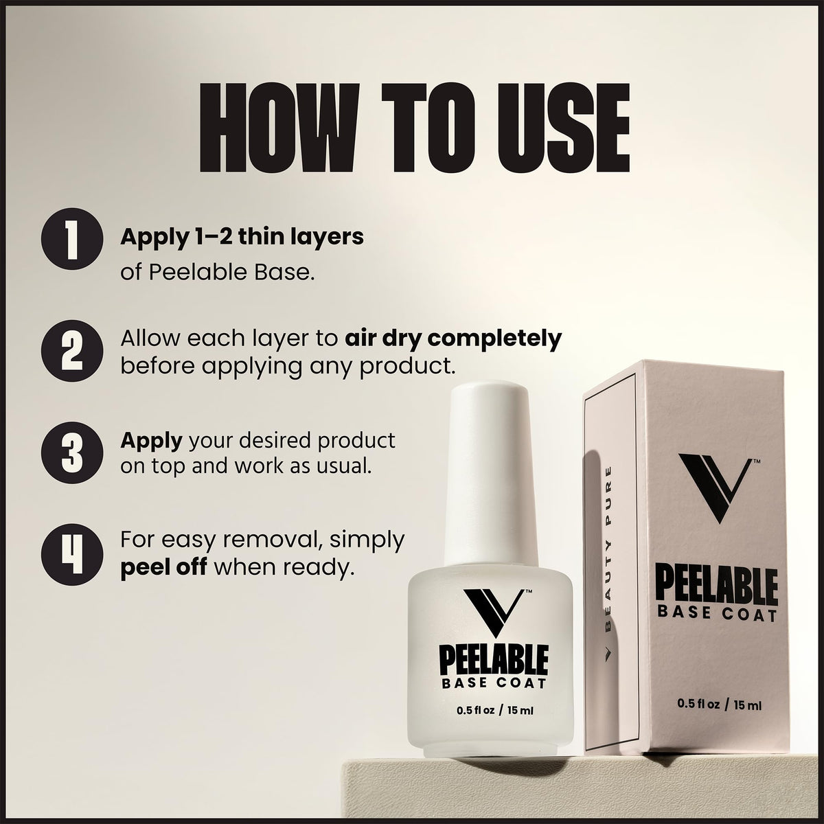 V Beauty Pure Peel-Off Base Coat works with gel polishes and overlays.