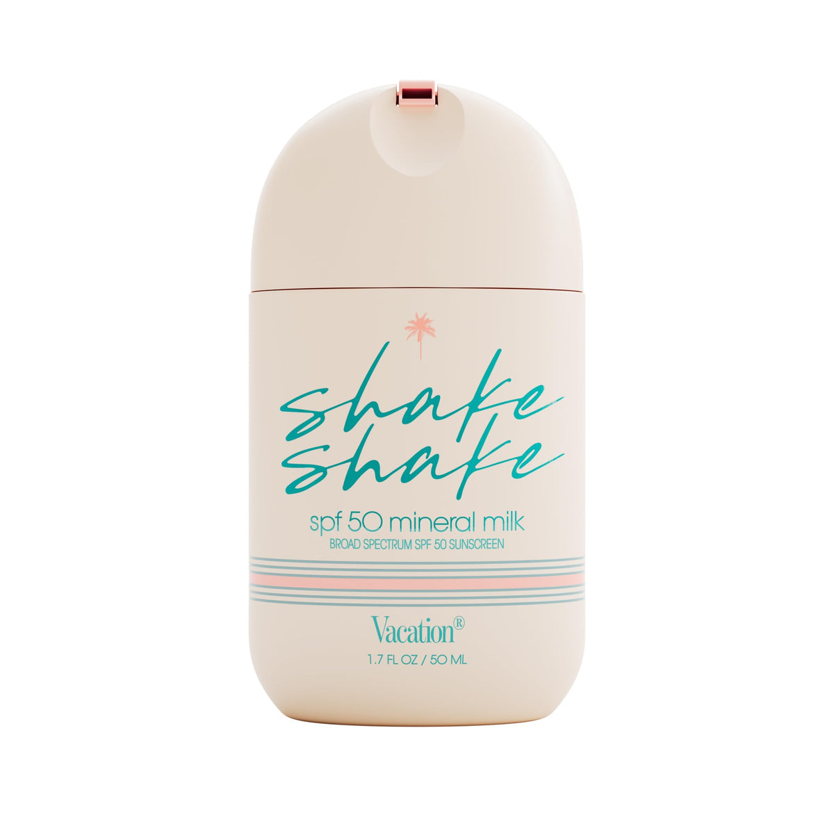 VACATION Shake Shake SPF 50 mineral milk packaging ready for daily use.