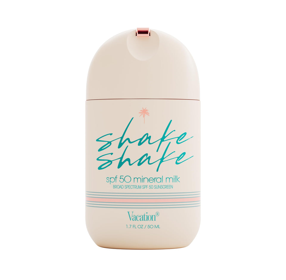 VACATION Shake Shake SPF 50 mineral milk packaging ready for daily use.