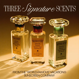Vacation signature bottle front highlighting three versatile unisex scents.