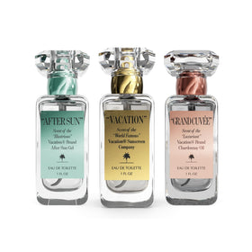 Vacation trio packaging close-up showing premium gift-ready presentation.