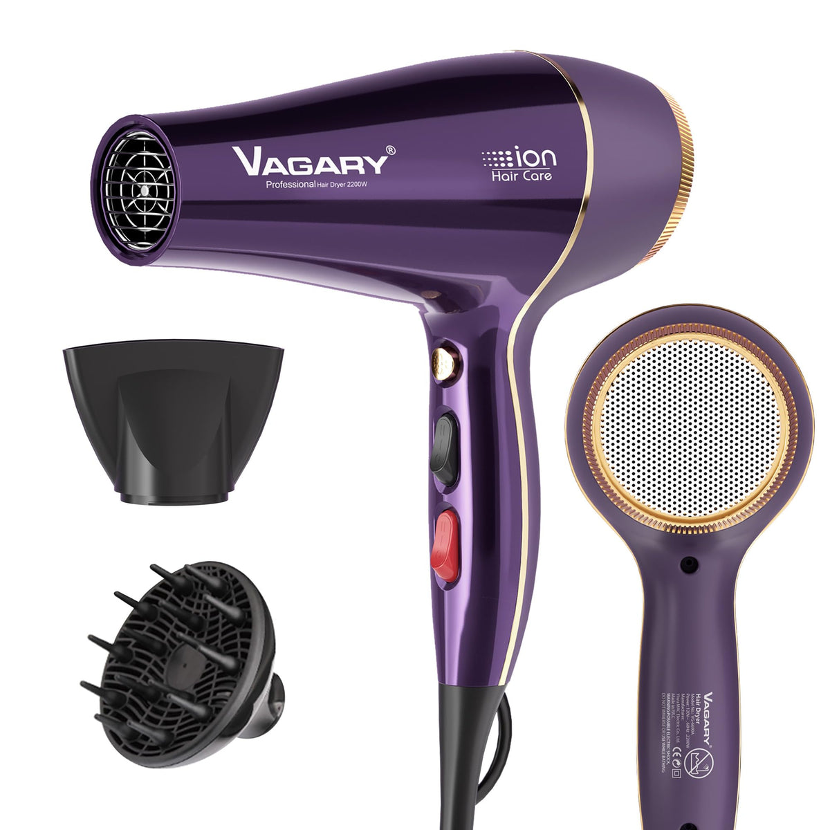 VAGARY hair dryer with diffuser for smoother curls and even drying