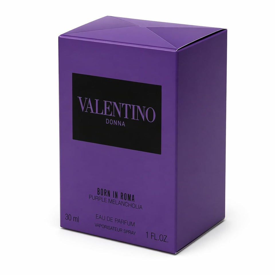 Valentino Born in Roma Purple Melancholia EDP bottle highlights elegant evening wear