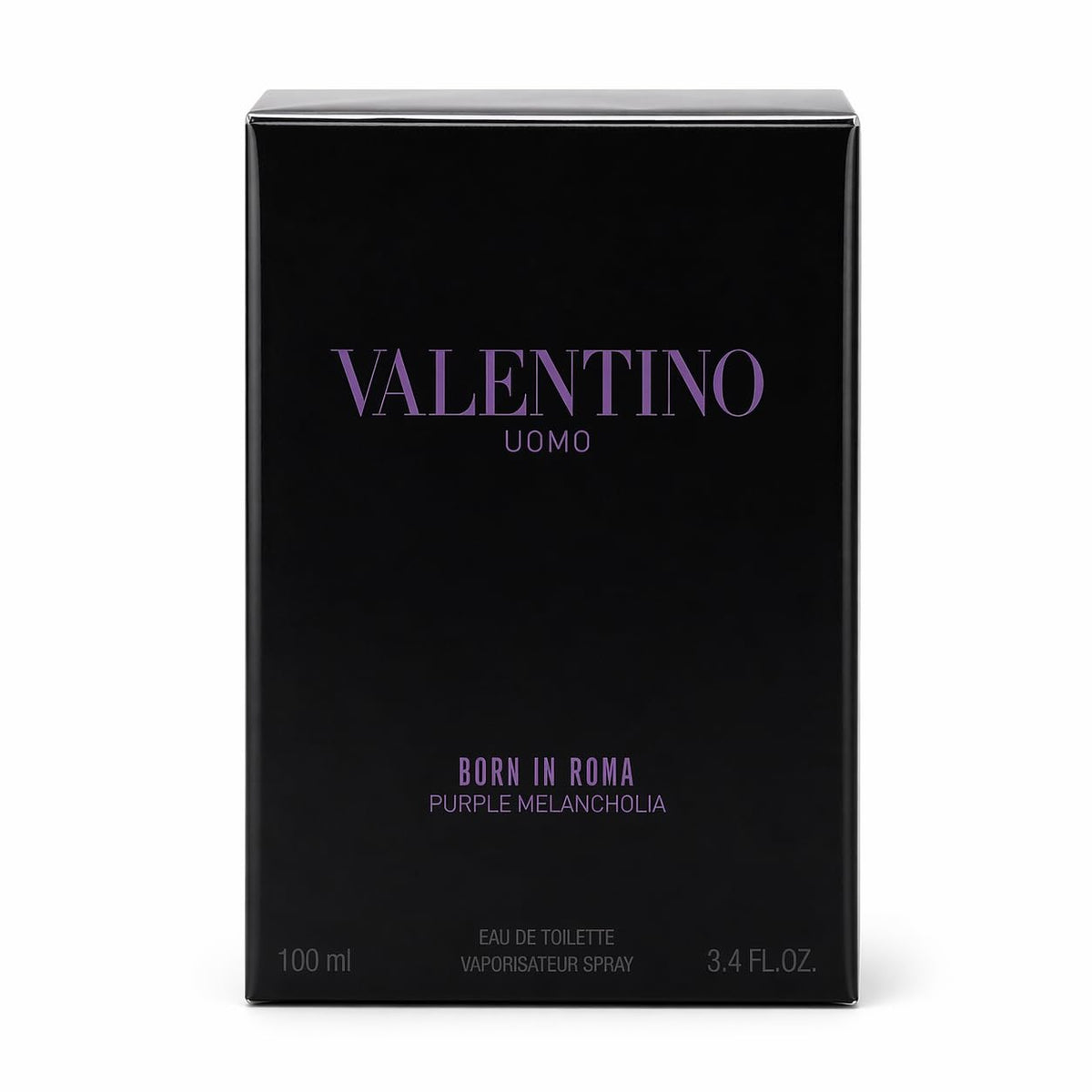 Valentino Born in Roma Purple Melancholia EDT bottle side angle with elegant packaging