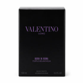 Valentino Born in Roma Purple Melancholia EDT bottle side angle with elegant packaging