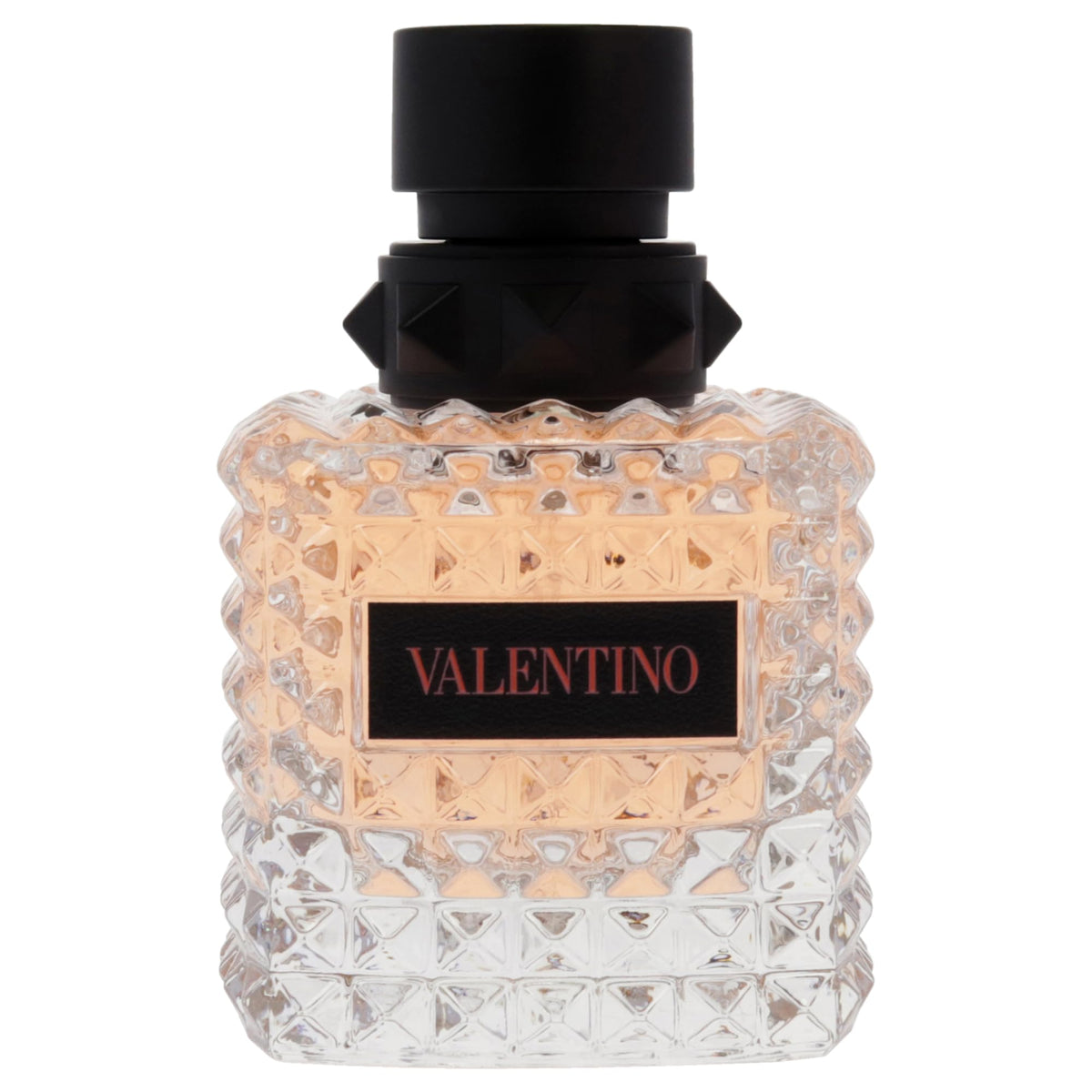 Valentino Donna Born in Roma Coral Fantasy bottle closeup cap, hints of luxury and lasting impression.