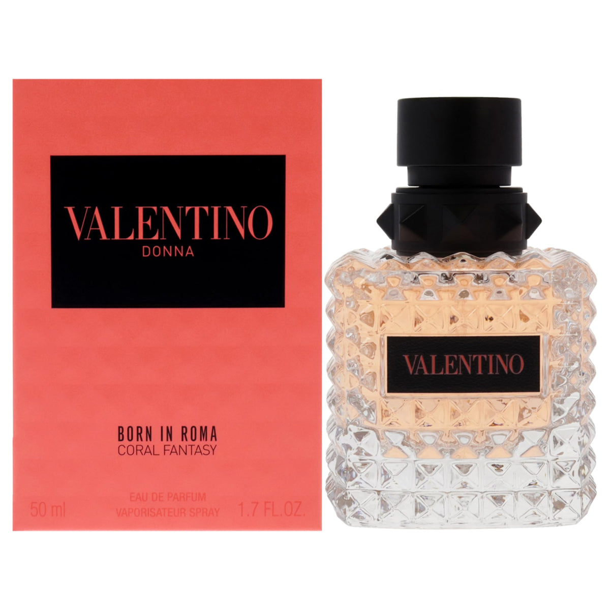 Valentino Donna Born in Roma Coral Fantasy bottle front, bold floral scent ideal for daytime wear.