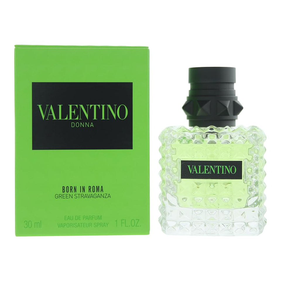 Valentino Donna Born in Roma Green Stravaganza EDP bottle, warm florals with tea and vanilla for day wear