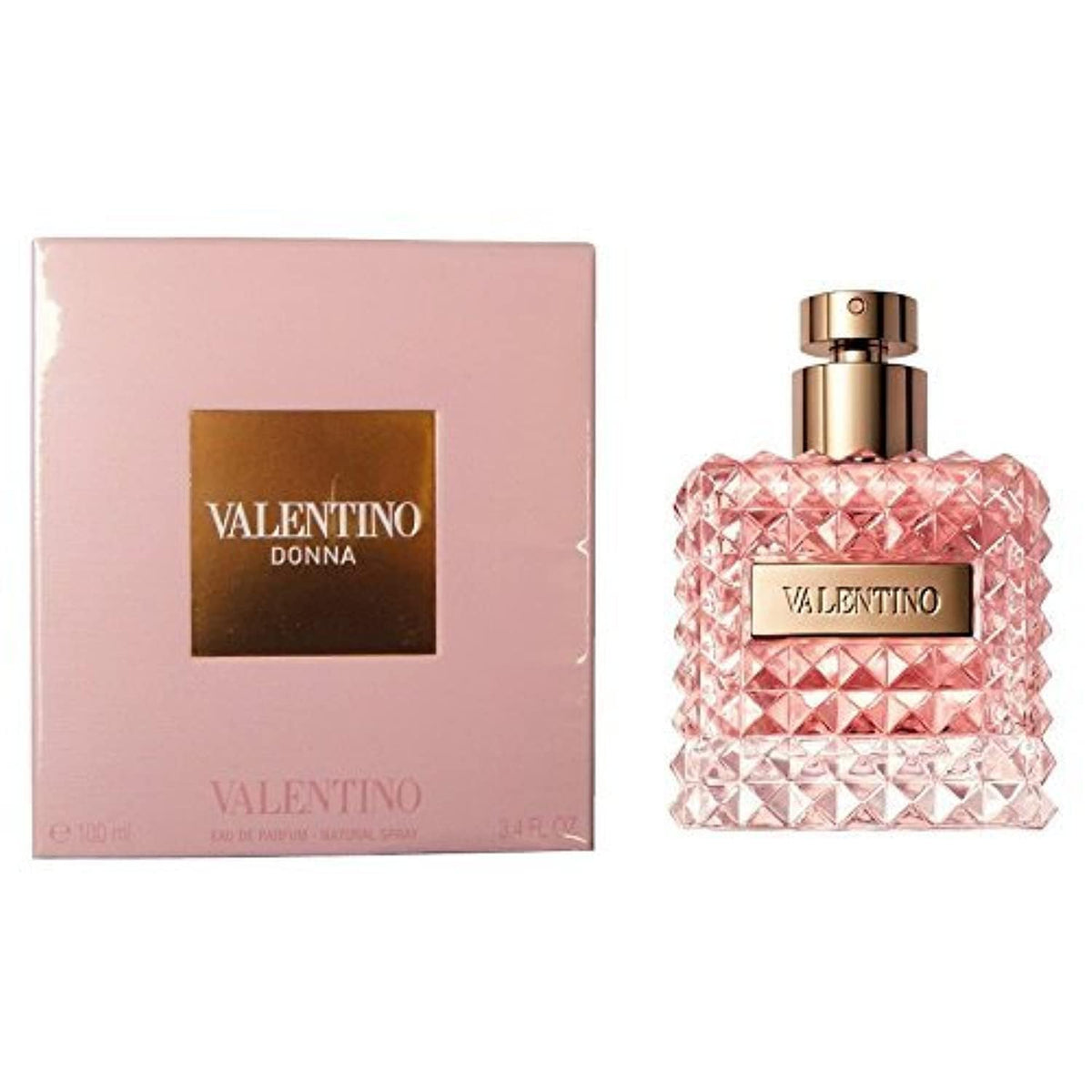 Valentino Donna EDP bottle close-up showing iconic studs for a glamorous vanity touch.