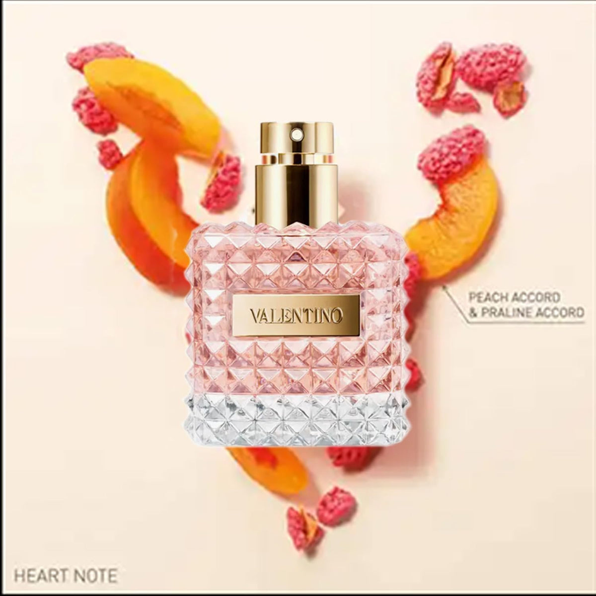 Valentino Donna EDP Bulgarian rose core note highlighted, suggesting romantic sophistication.