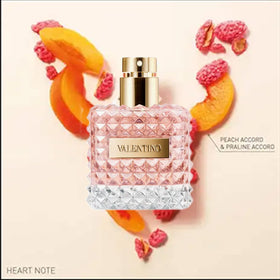 Valentino Donna EDP Bulgarian rose core note highlighted, suggesting romantic sophistication.