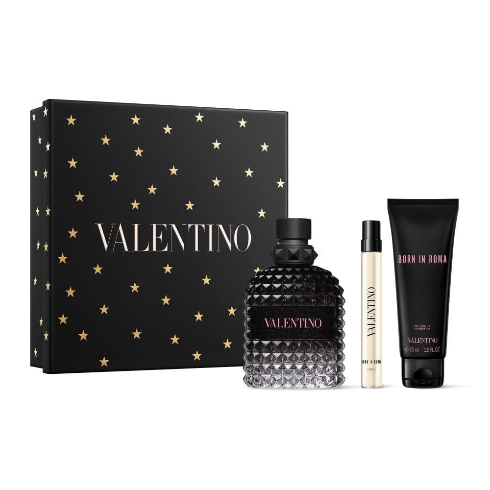 Valentino Uomo Born In Roma gift set packaging, highlighting fragrance trio for gifting and travel.