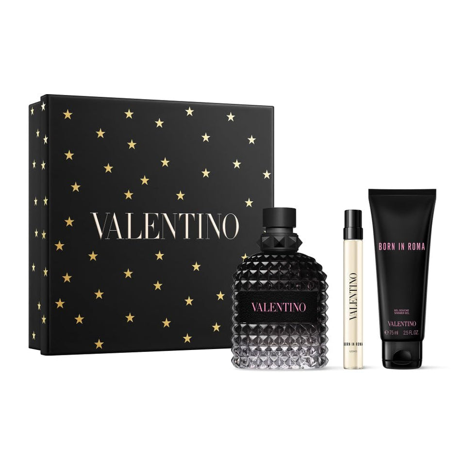 Valentino Uomo Born In Roma gift set packaging, highlighting fragrance trio for gifting and travel.