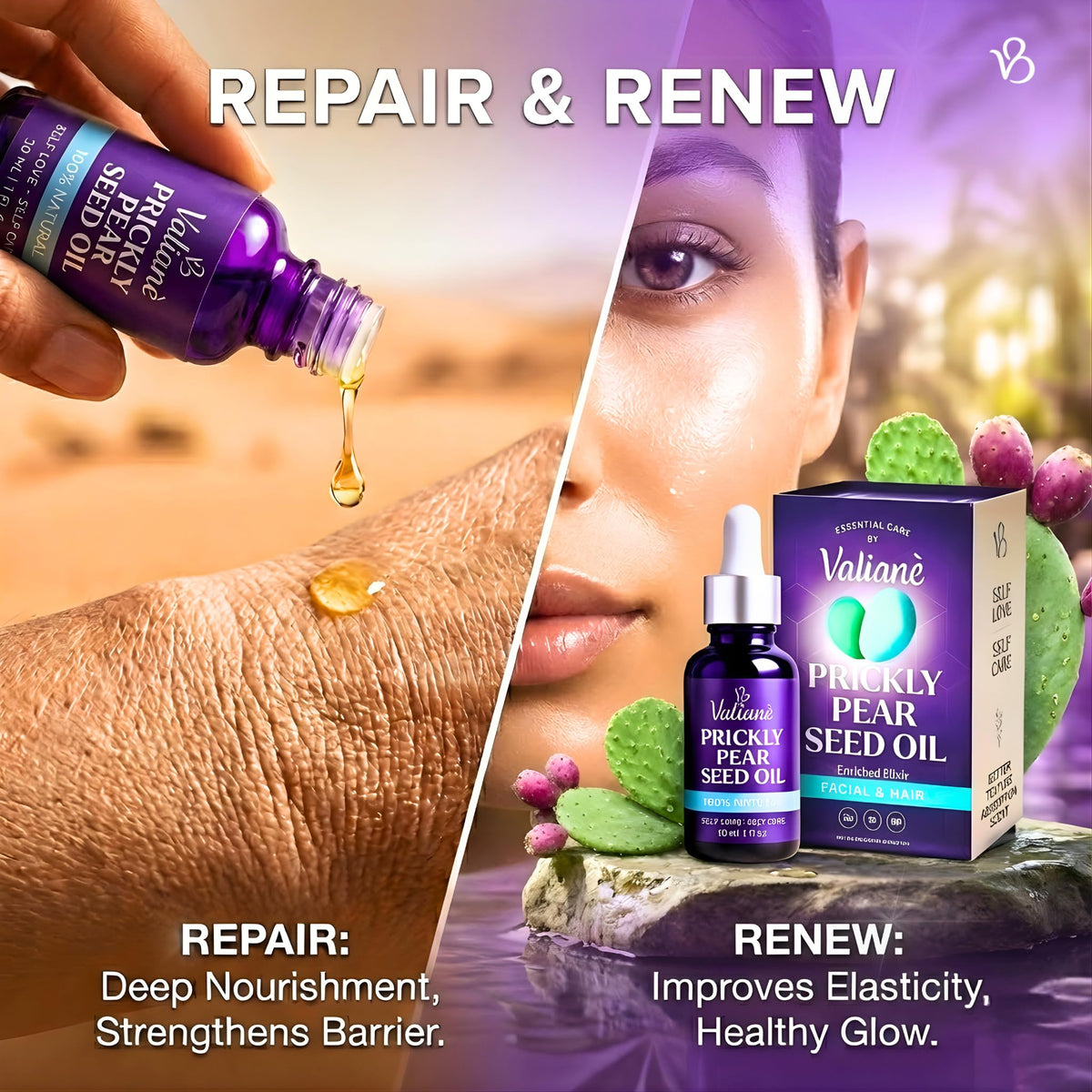 Valiane Prickly Pear Seed Oil dropper for silky, non-greasy skin