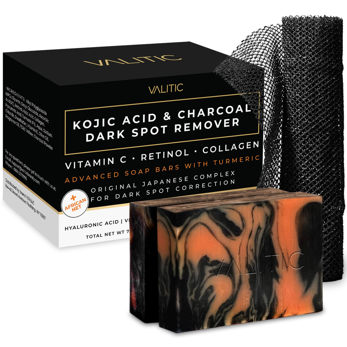 VALITIC charcoal kojic turmeric black soap bar front view for deep cleansing and even tone