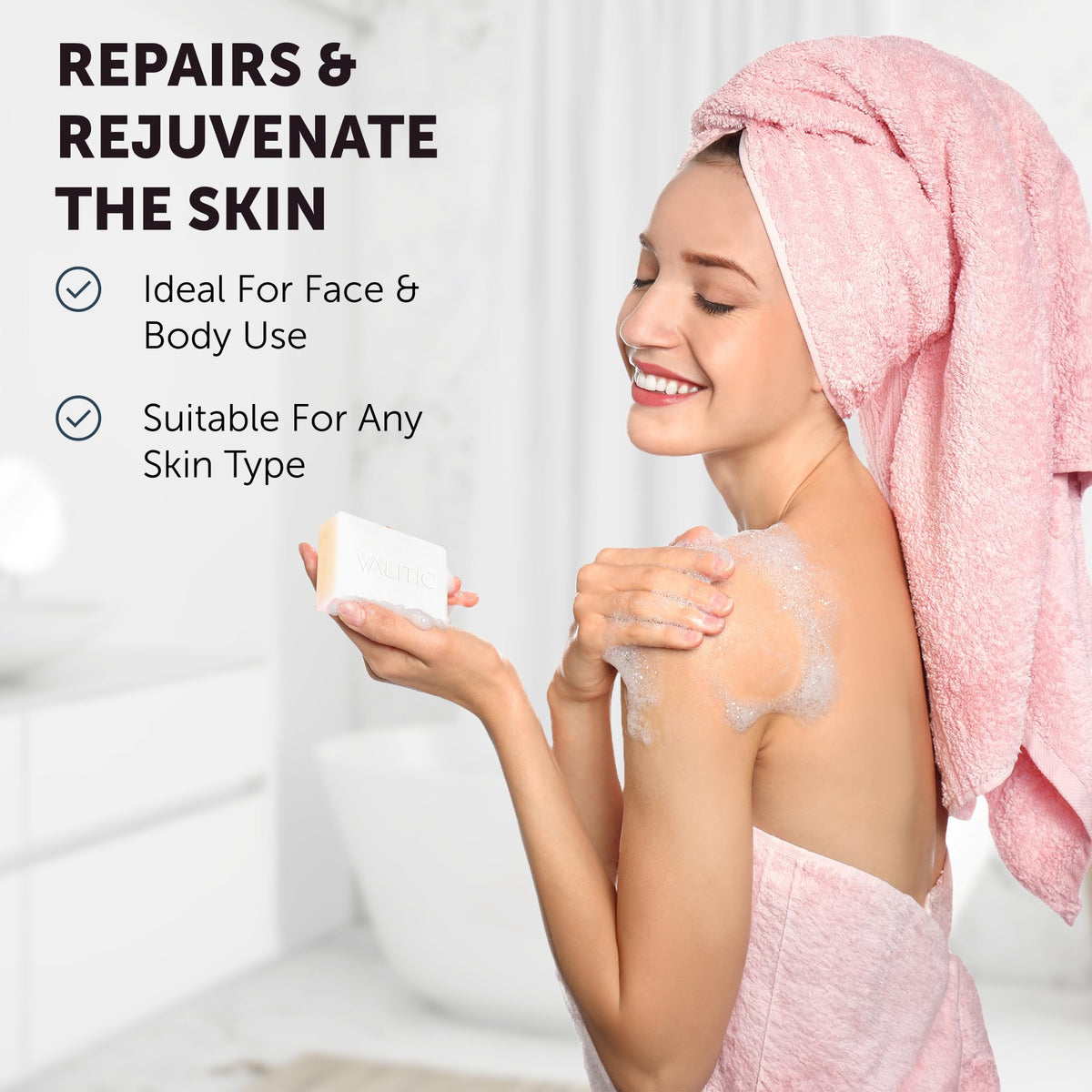 VALITIC cruelty-free brightening soap bar supports smoother texture.