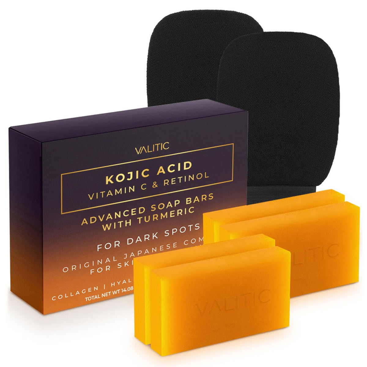 VALITIC kojic-acid soap-bar-pack shown; potential for a more even skin tone.