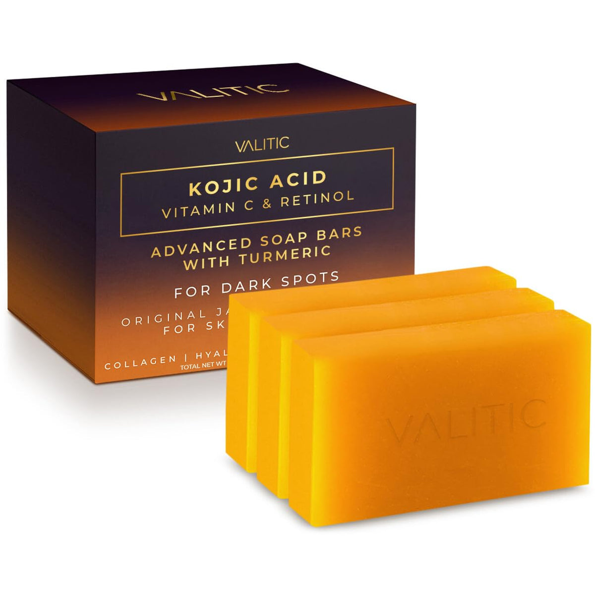 VALITIC Kojic Acid Vitamin C Retinol soap bar with turmeric closeup suggests gentle brightening.