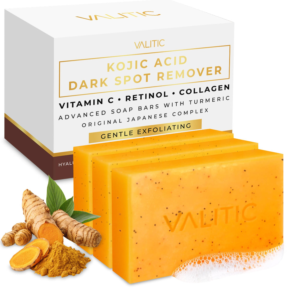 VALITIC Kojic Turmeric-dark-spot-bar-face-body improves skin tone.